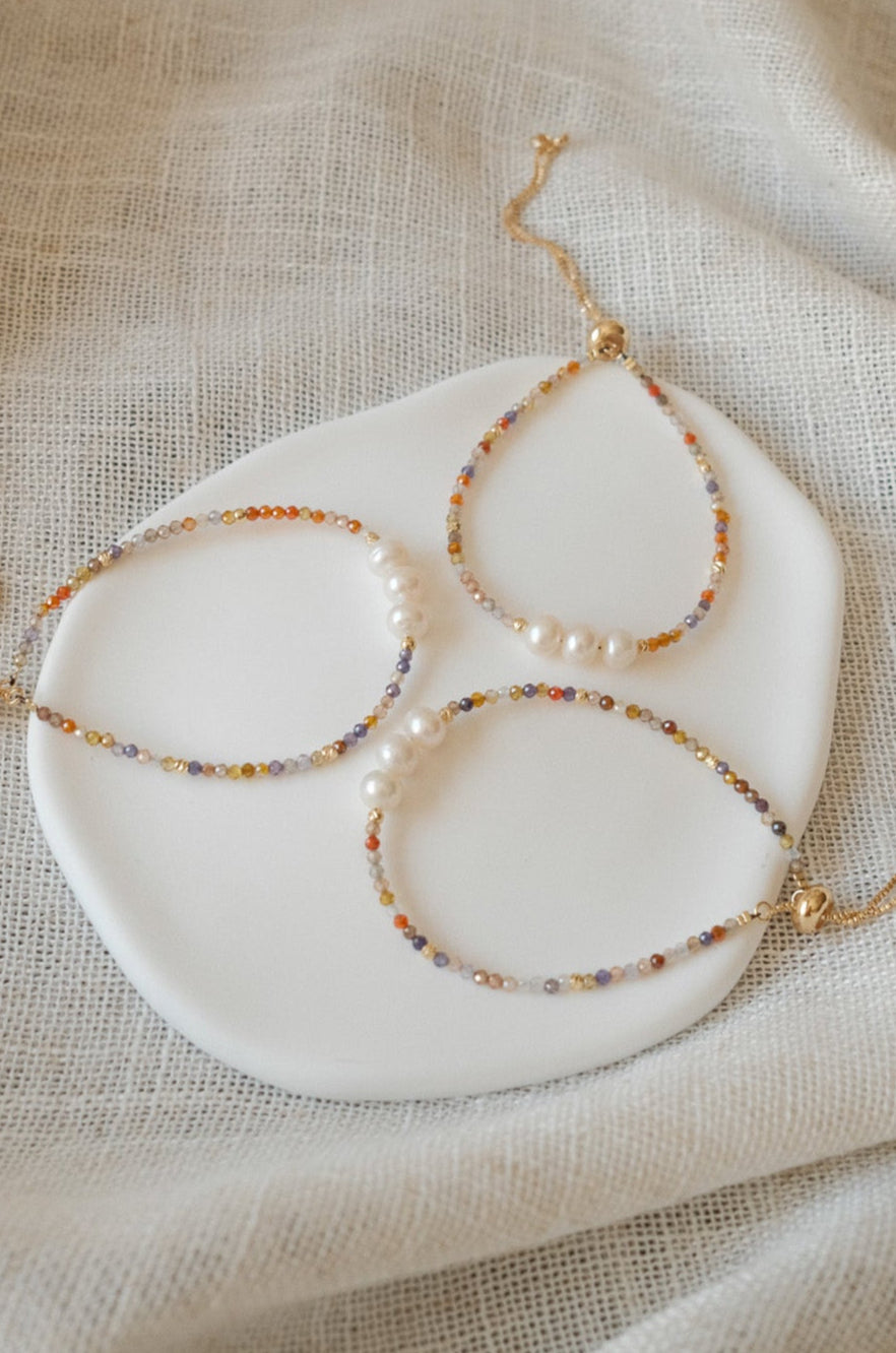 Three Pearl Multicolor Gemstone Bracelet