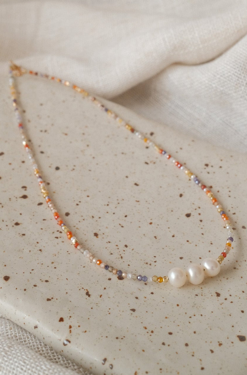 Three Pearl Multicolor Gemstone Necklace