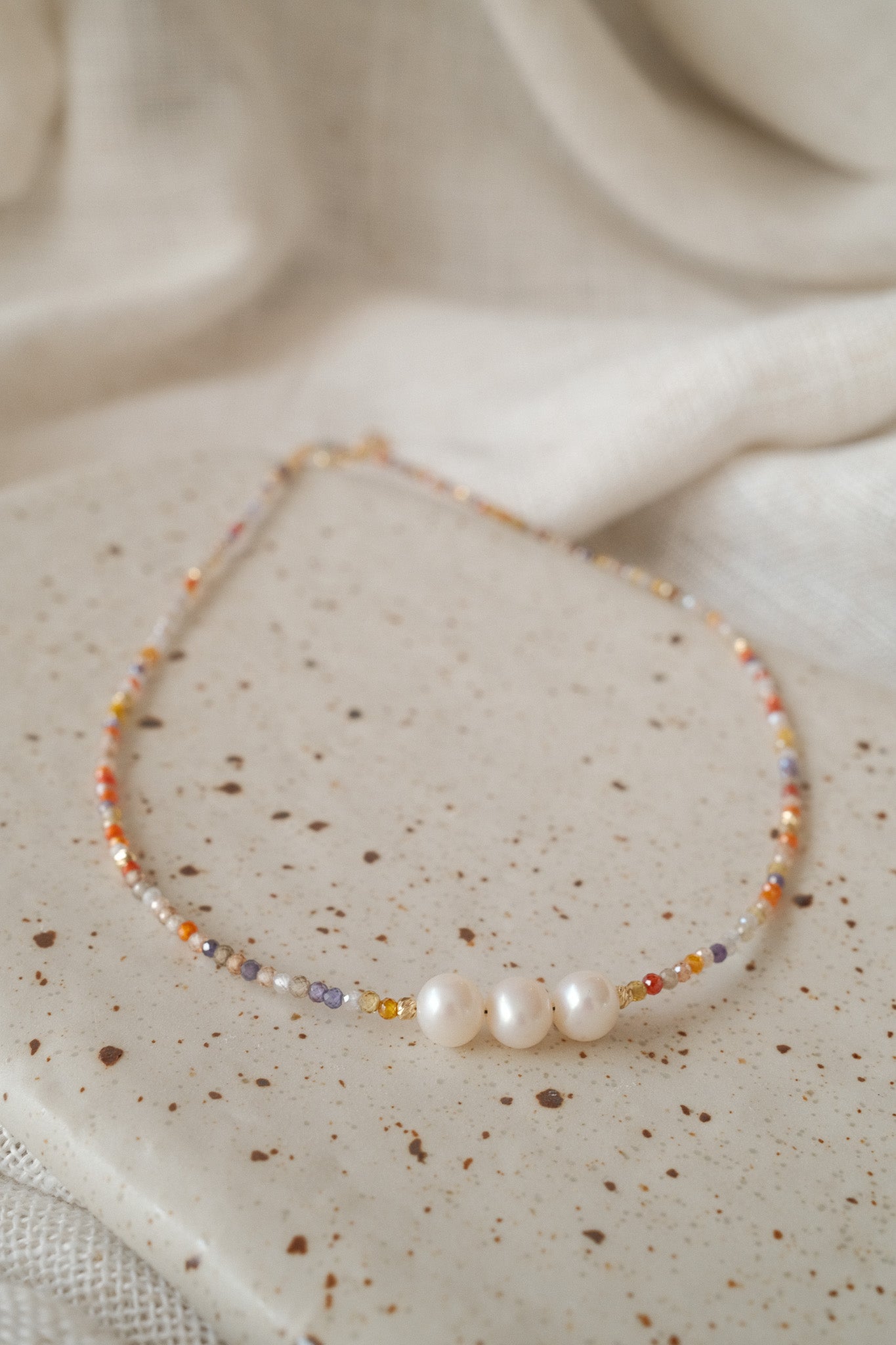 Three Pearl Multicolor Gemstone Necklace