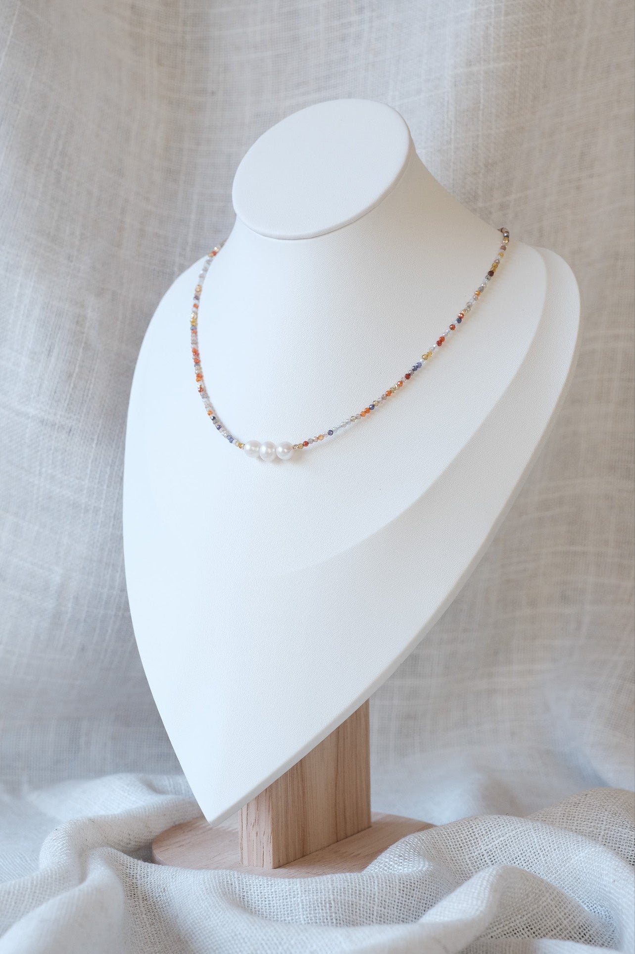 Three Pearl Multicolor Gemstone Necklace