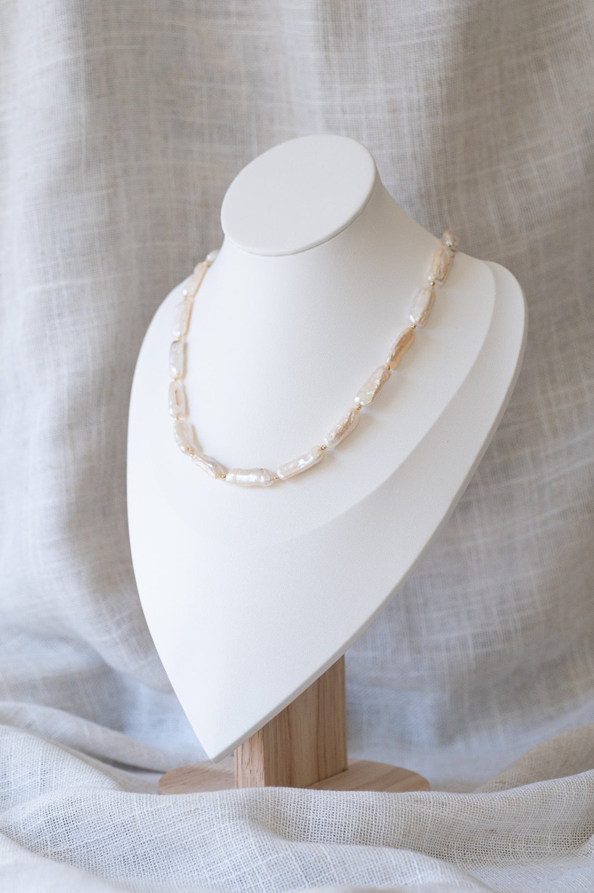 White Keshi Stick Pearl Strand Necklace with Gold Beads