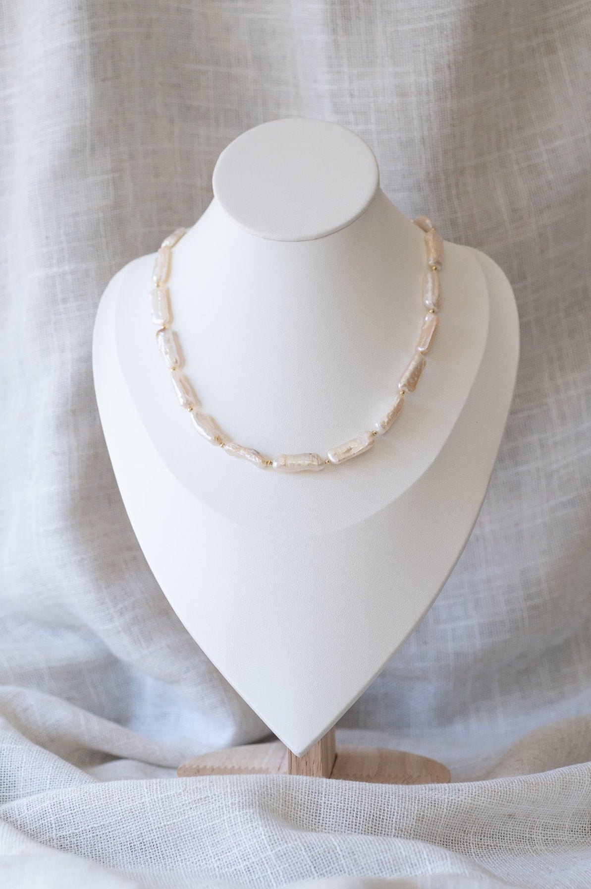White Keshi Stick Pearl Strand Necklace with Gold Beads