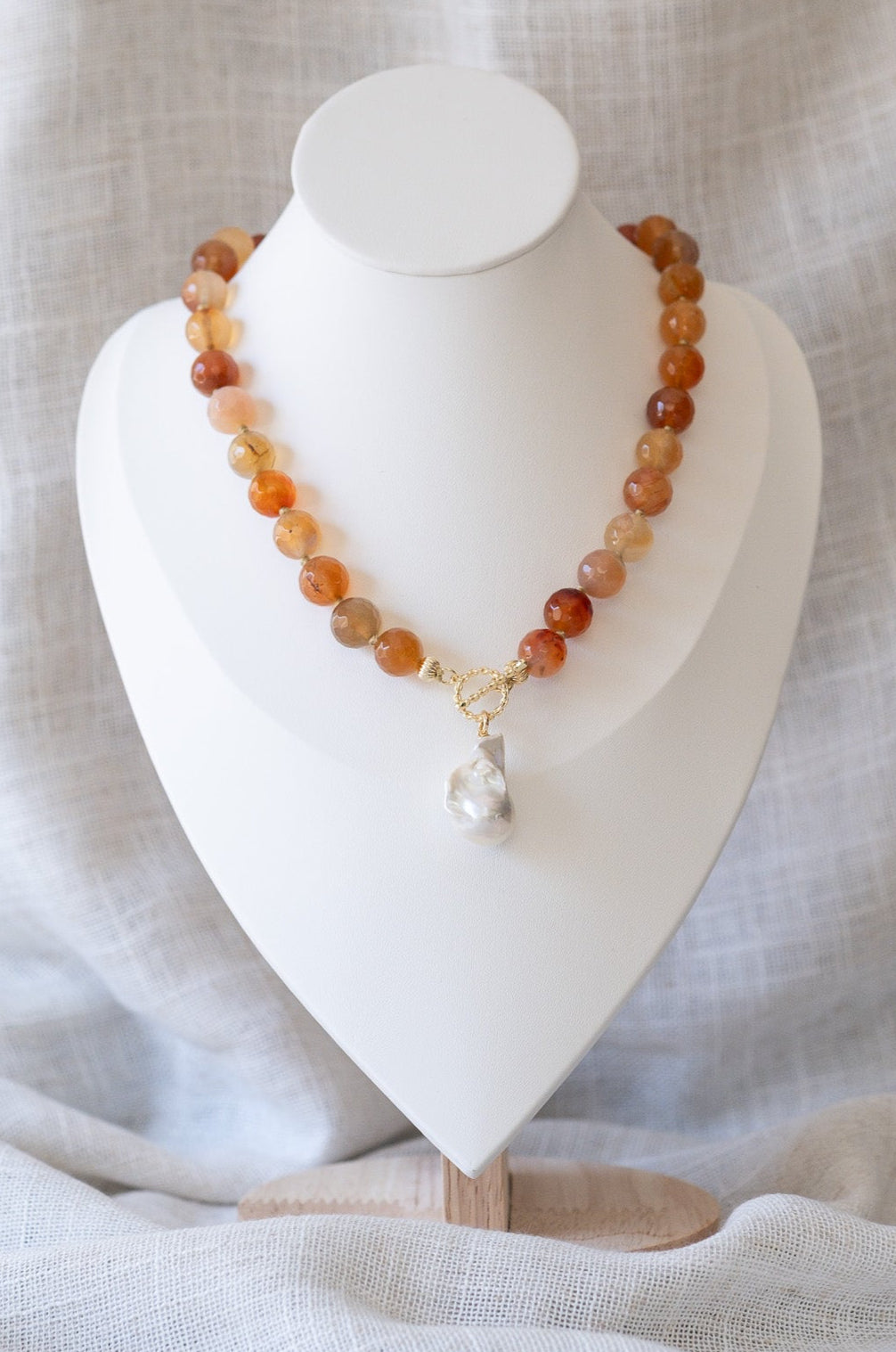 Stone Bead Necklace with Baroque Pearl Pendant