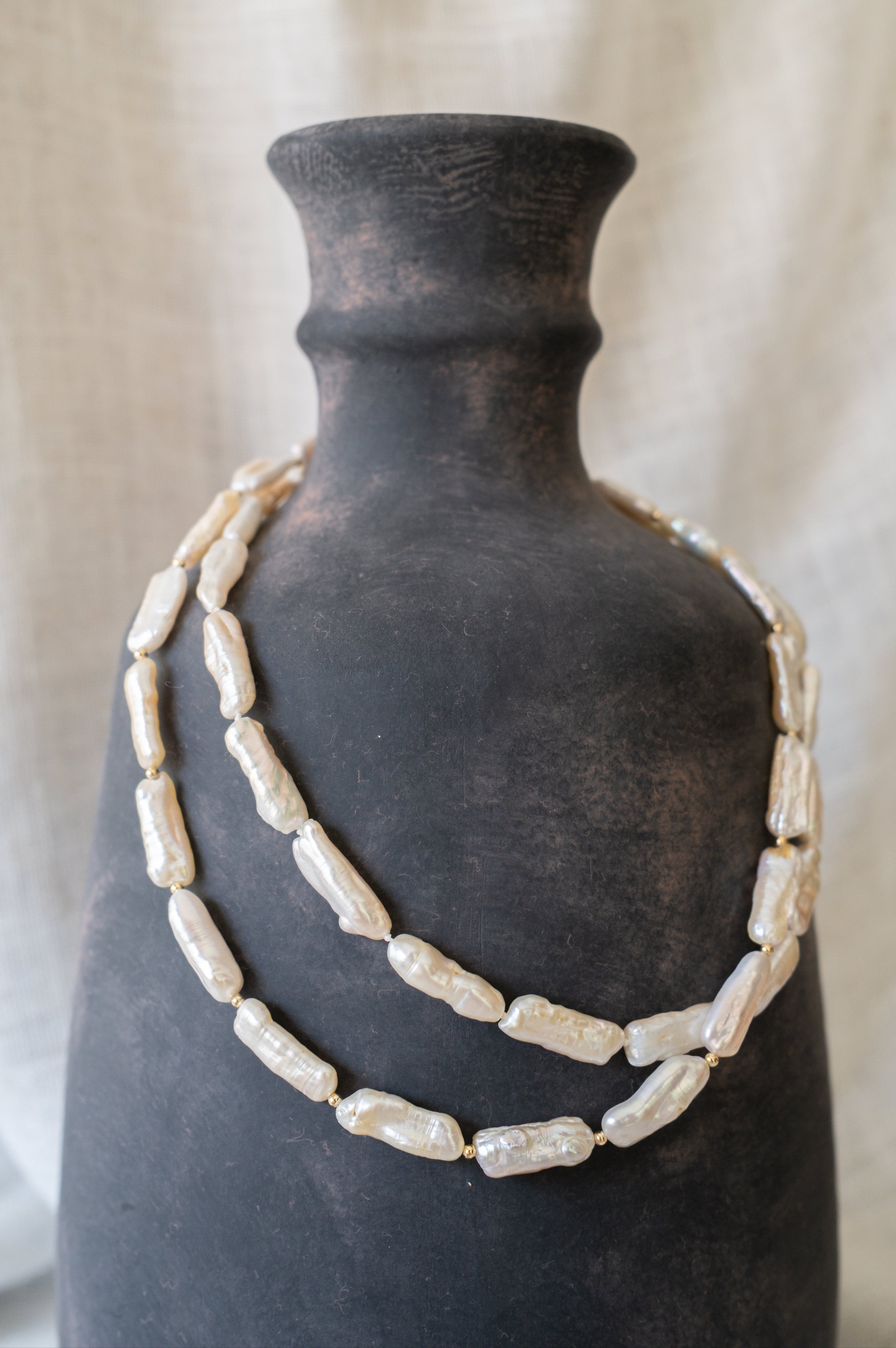 White Keshi Stick Pearl Strand Necklace with Gold Beads
