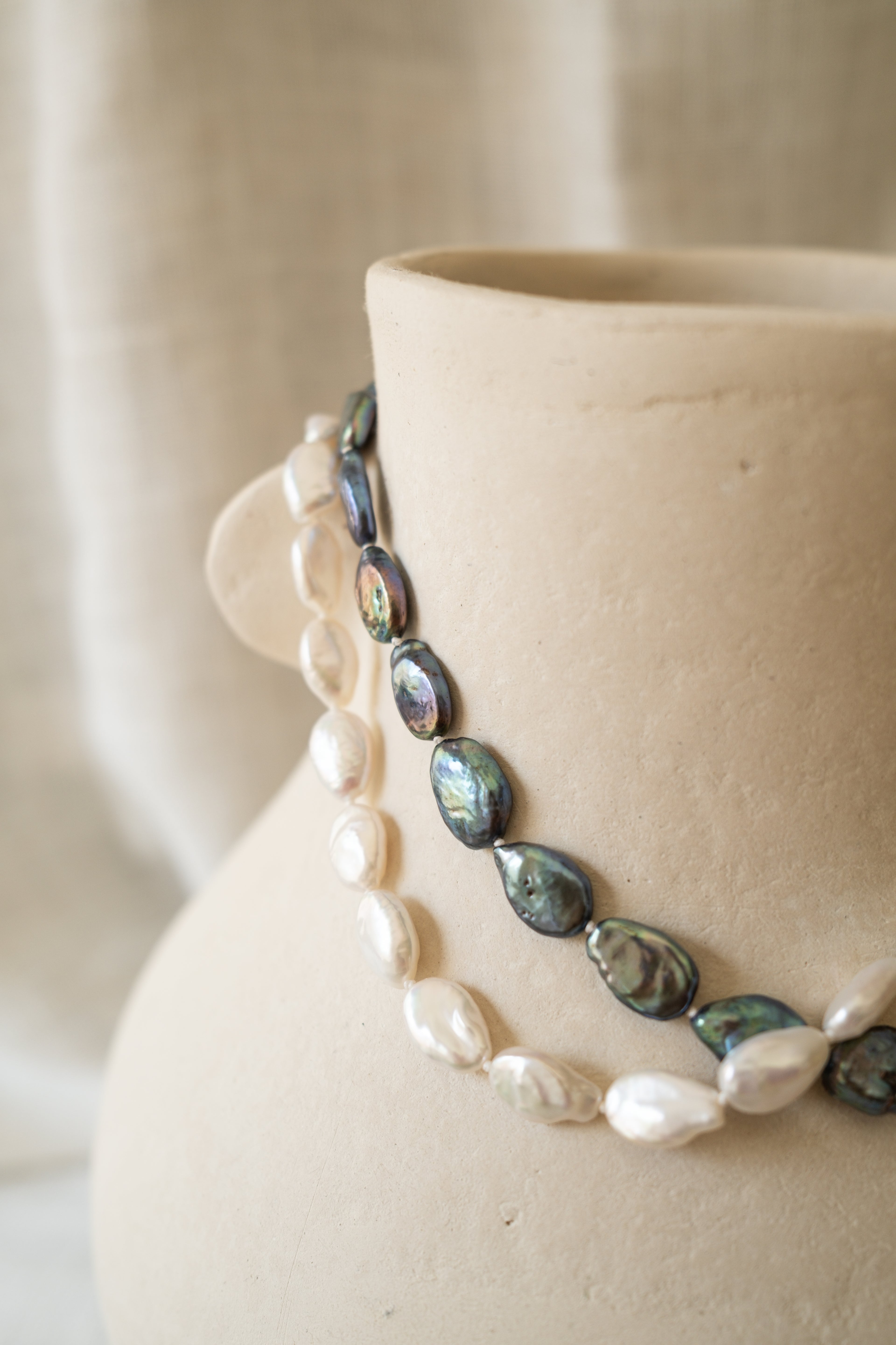 Black Small Flat Baroque Strand Necklace