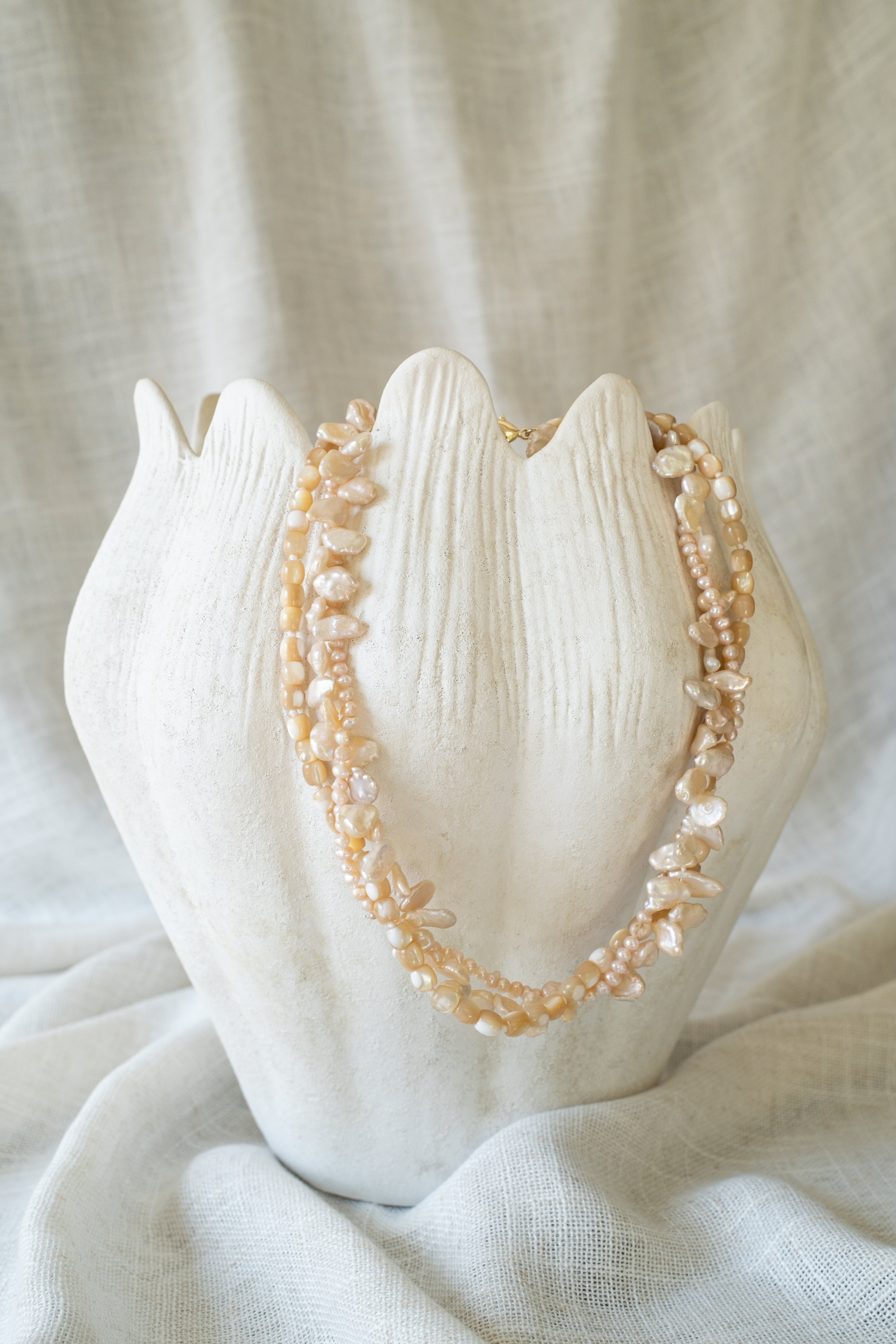 Champagne Tri Strand Mixed Pearl Necklace