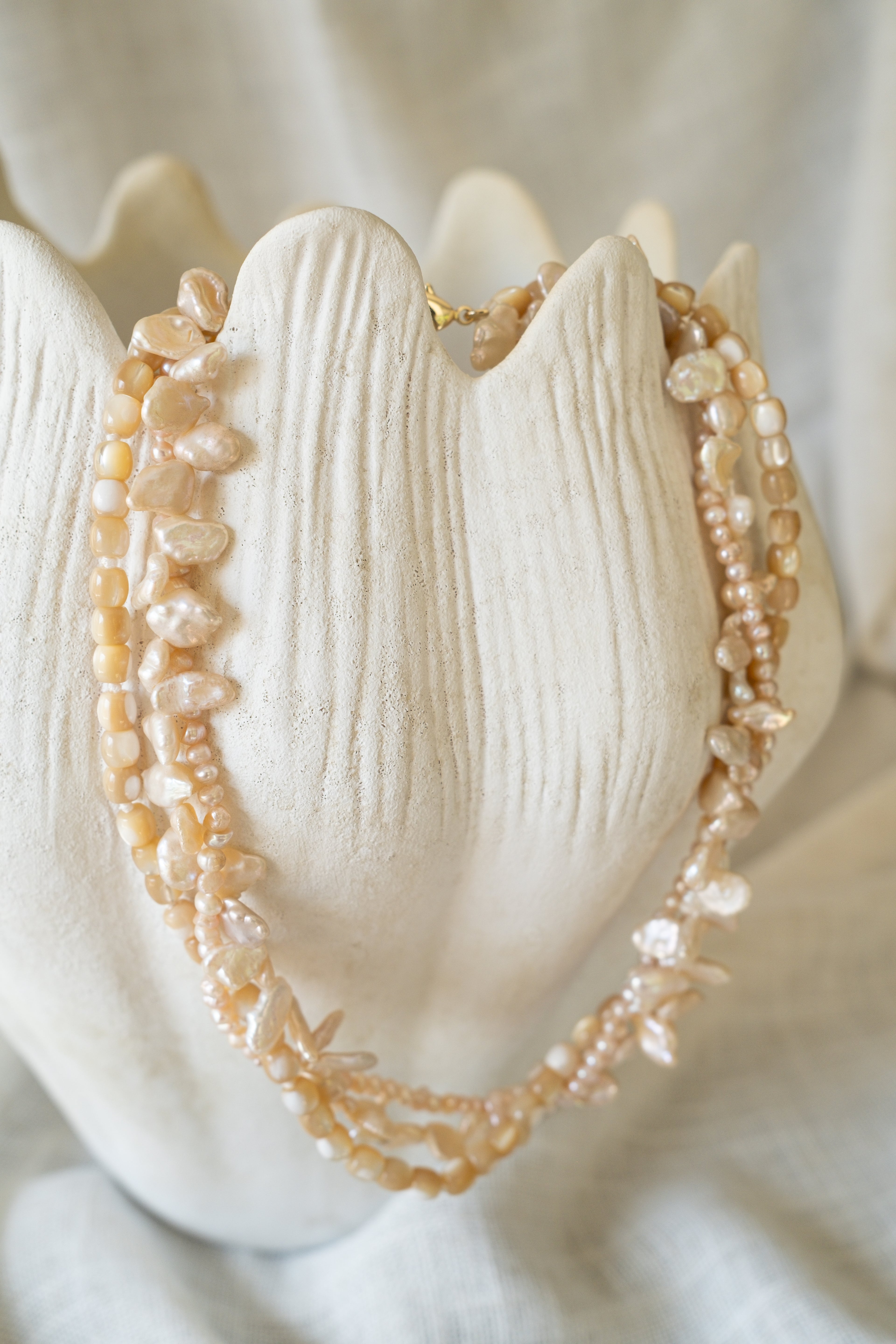 Champagne Tri Strand Mixed Pearl Necklace