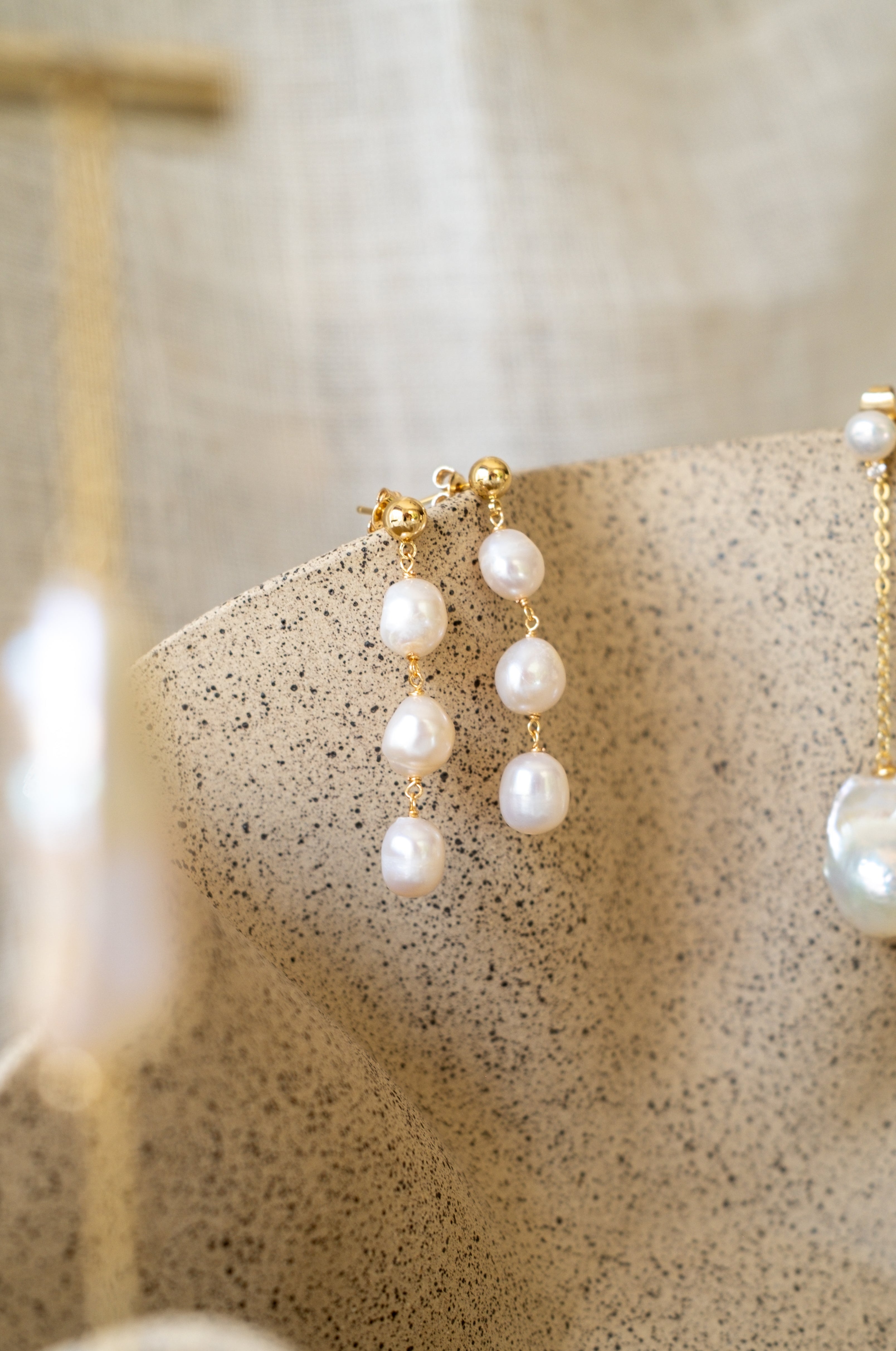 White Tri Pearl Drop Earrings