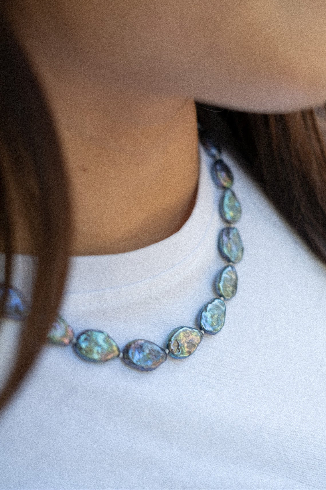 Black Small Flat Baroque Strand Necklace
