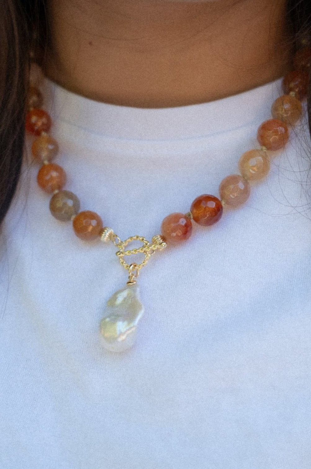 Stone Bead Necklace with Baroque Pearl Pendant