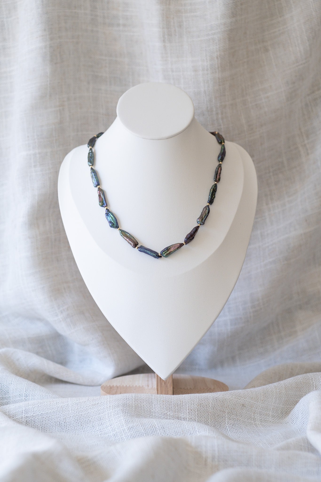 Black Keshi Stick Pearl Strand Necklace with Gold Beads