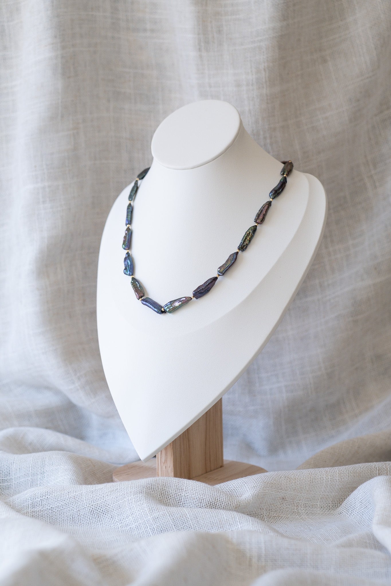 Black Keshi Stick Pearl Strand Necklace with Gold Beads