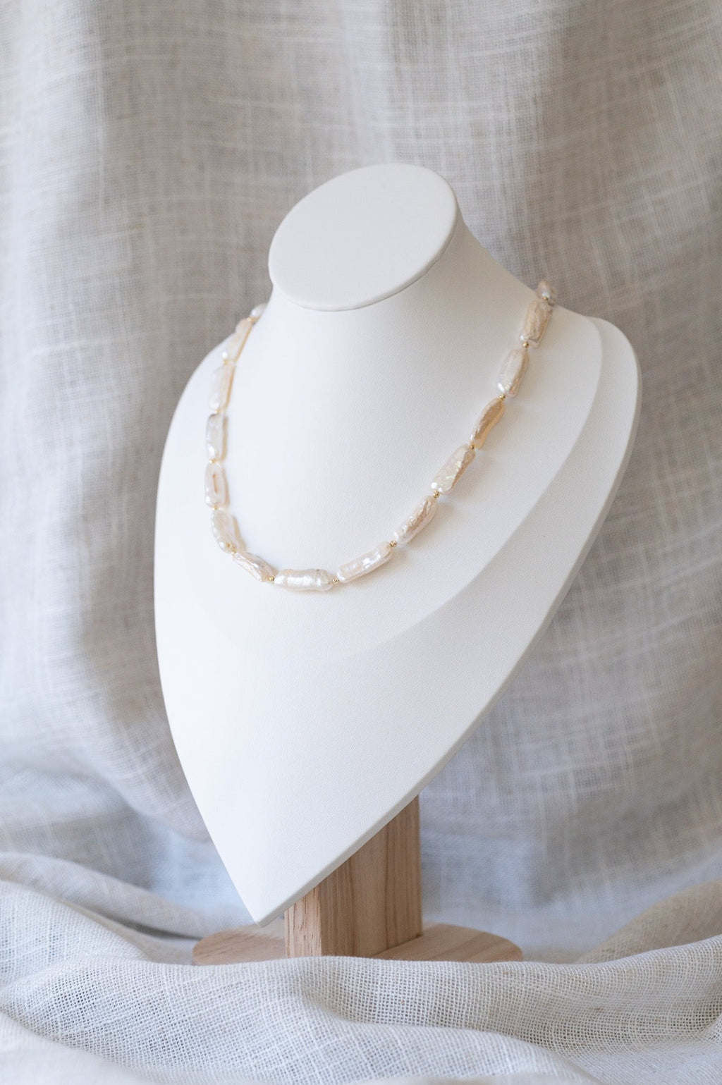 White Keshi Stick Pearl Strand Necklace with Gold Beads
