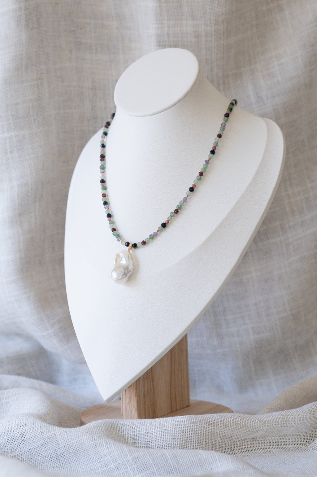 Multicolor Gemstones with Baroque Pearl Pendant Necklace