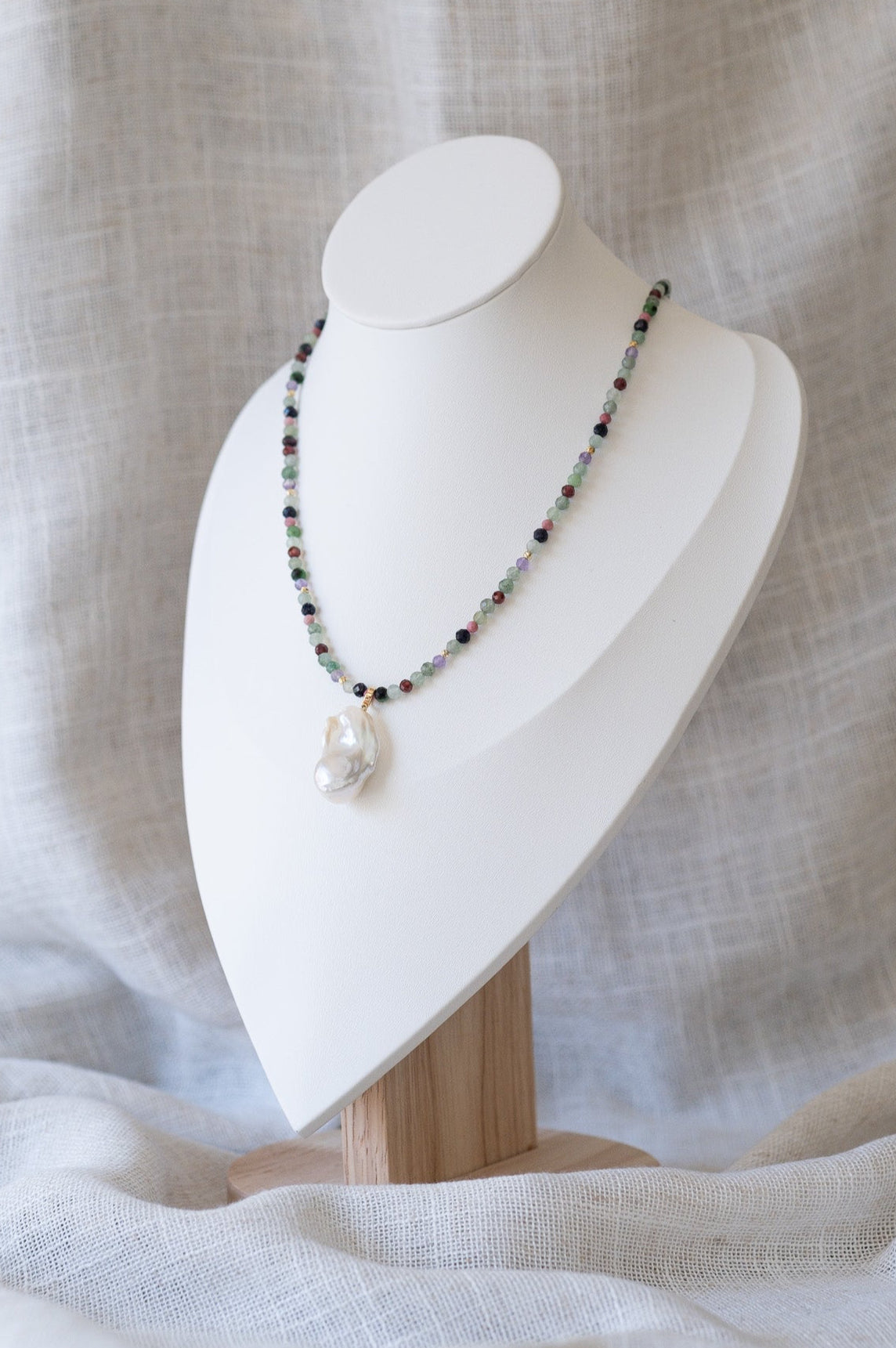 Multicolor Gemstones with Baroque Pearl Pendant Necklace
