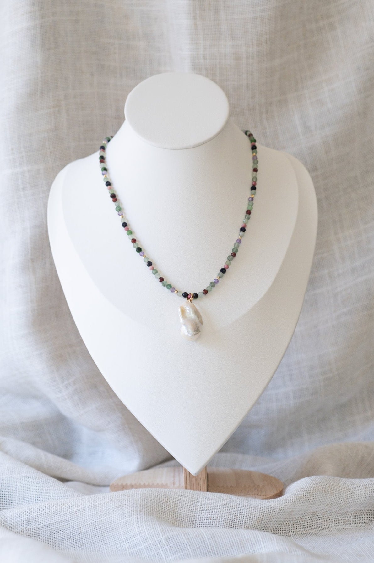 Multicolor Gemstones with Baroque Pearl Pendant Necklace