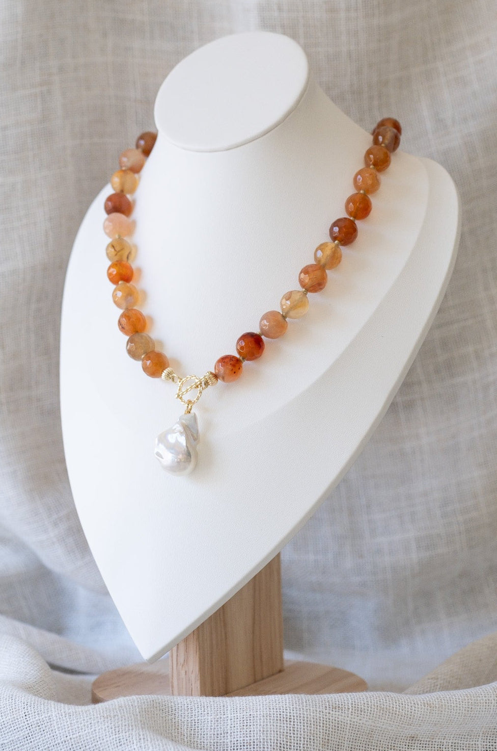 Stone Bead Necklace with Baroque Pearl Pendant