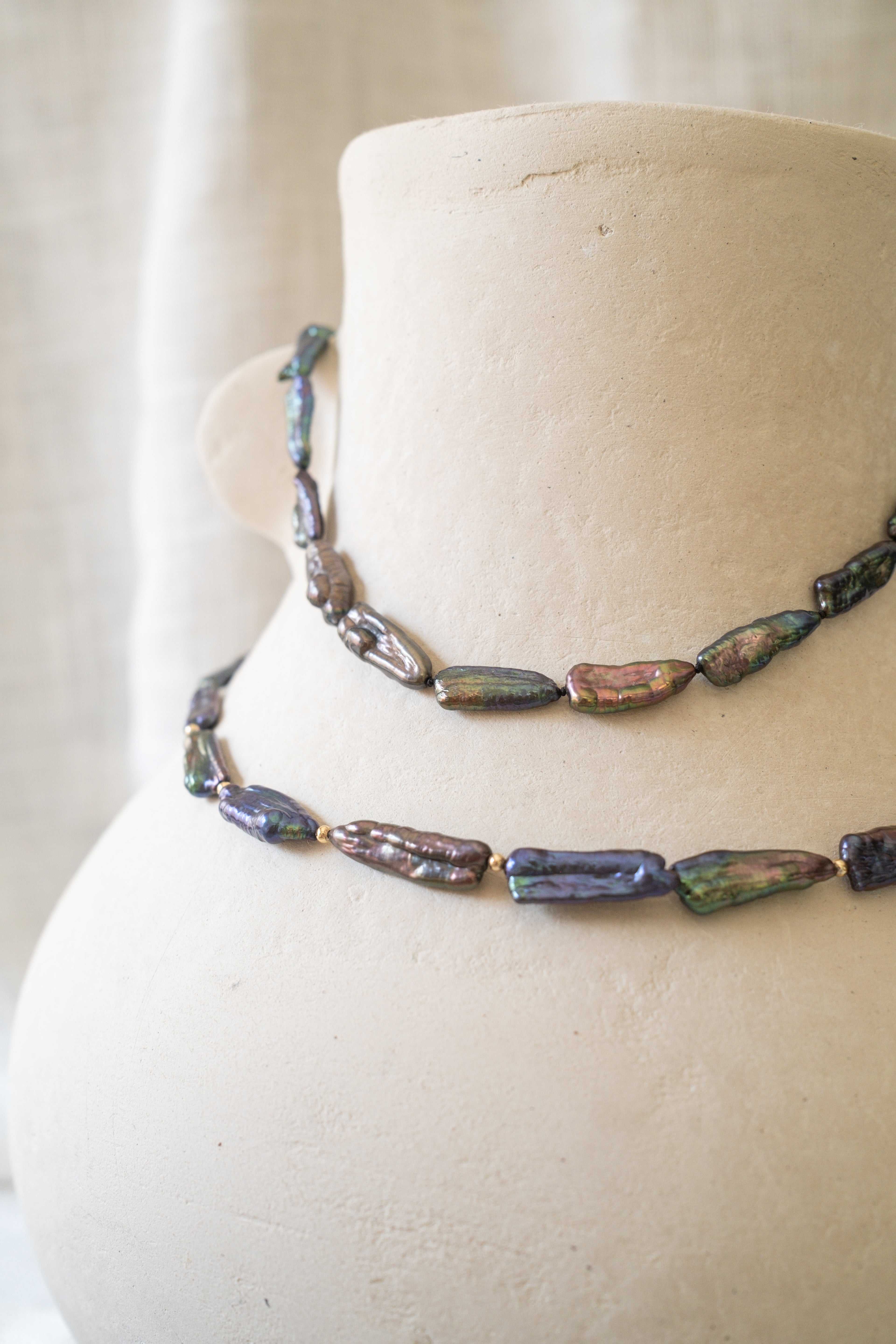 Black Keshi Stick Pearl Strand Necklace with Gold Beads