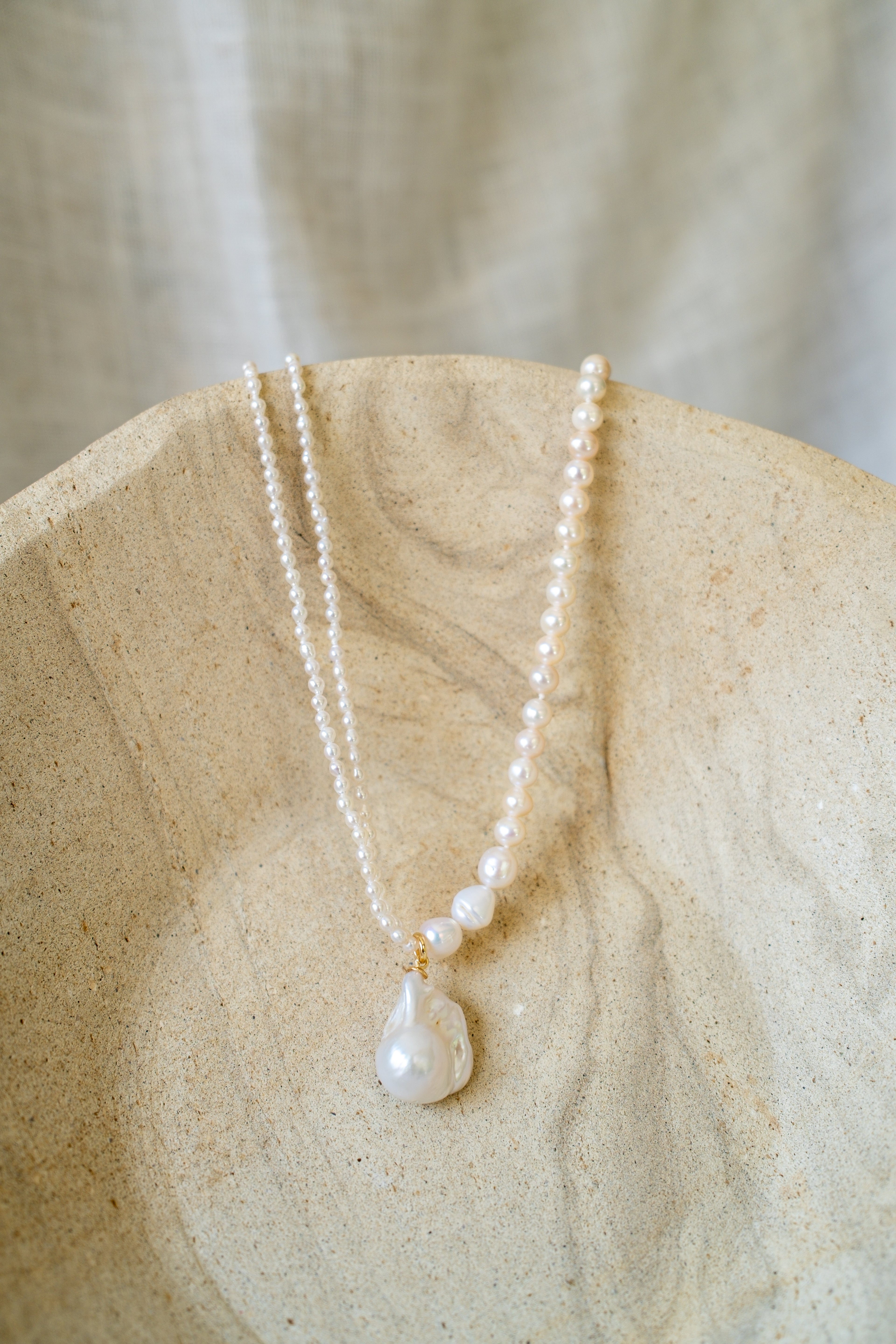 Asymmetrical Seed Pearl Necklace with Baroque Pearl Pendant