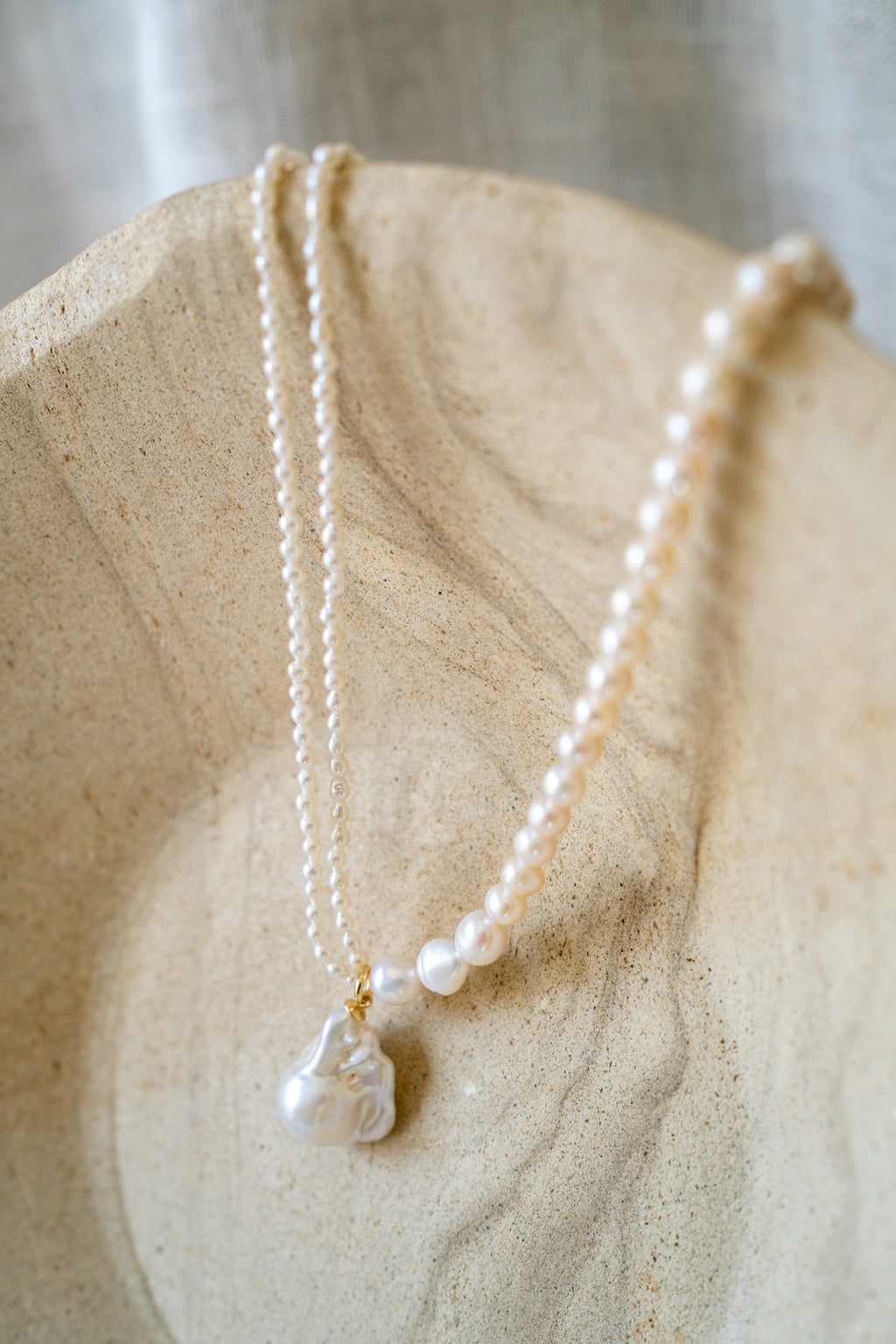 Asymmetrical Seed Pearl Necklace with Baroque Pearl Pendant