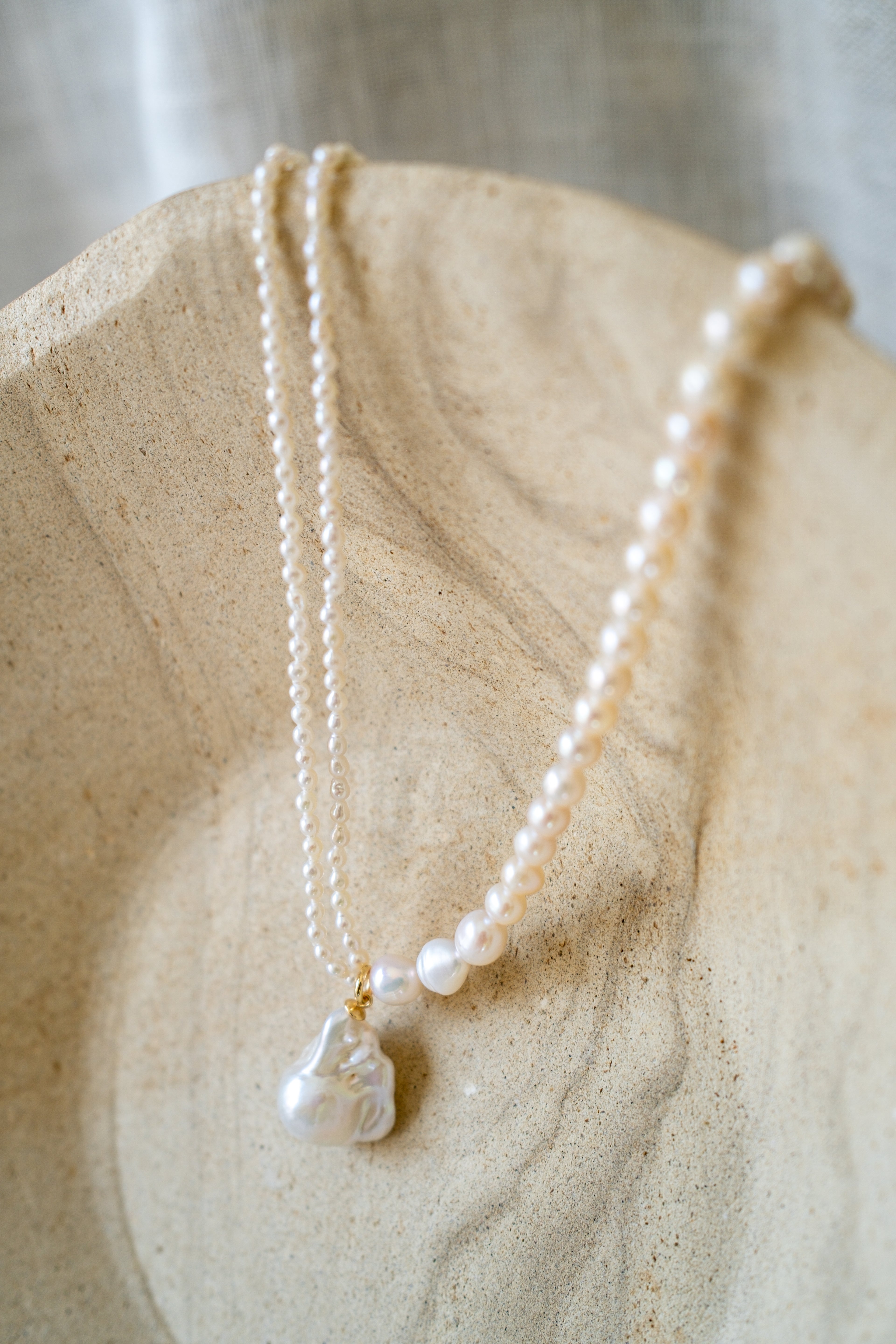 Asymmetrical Seed Pearl Necklace with Baroque Pearl Pendant