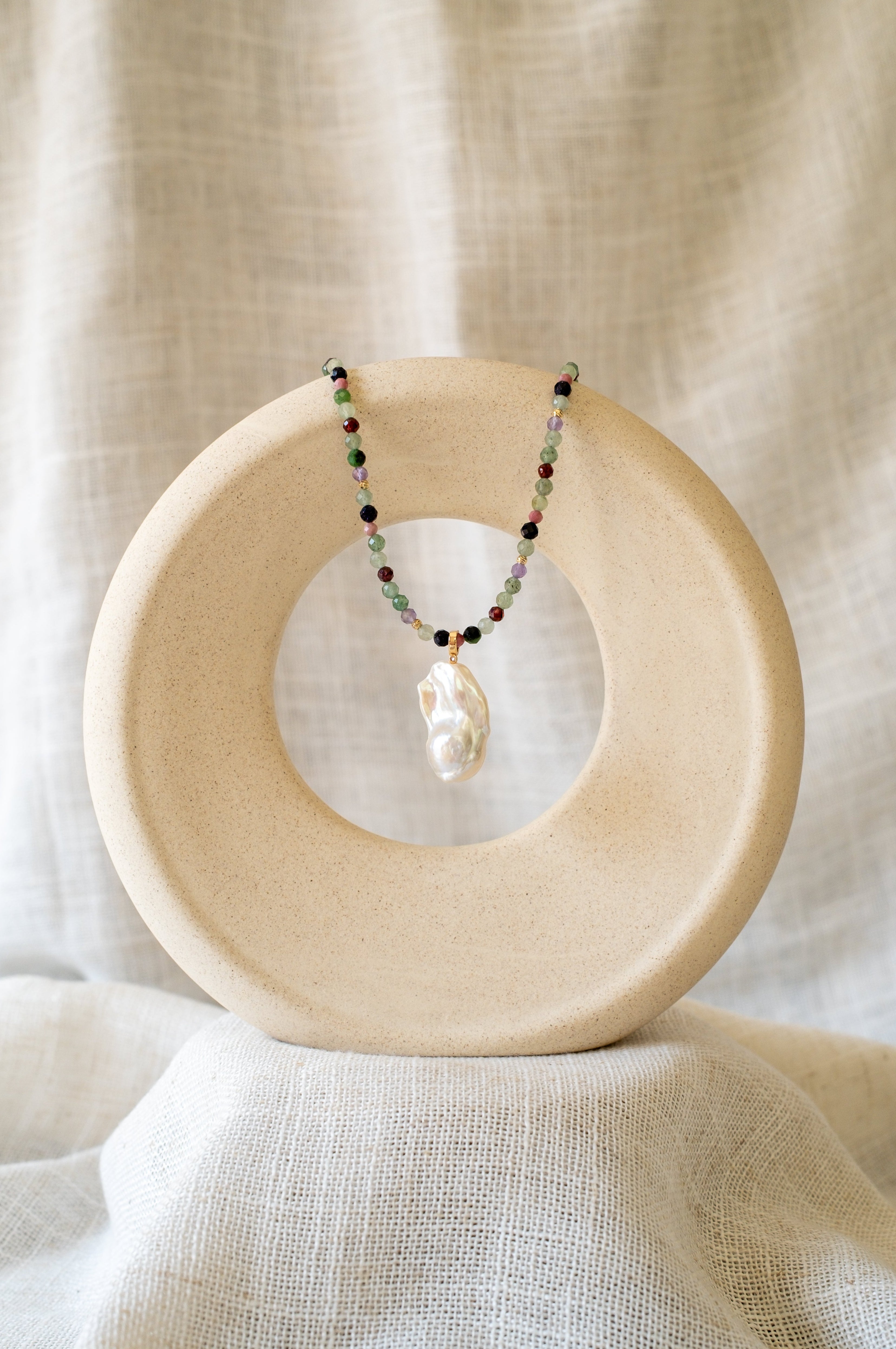 Multicolor Gemstones with Baroque Pearl Pendant Necklace