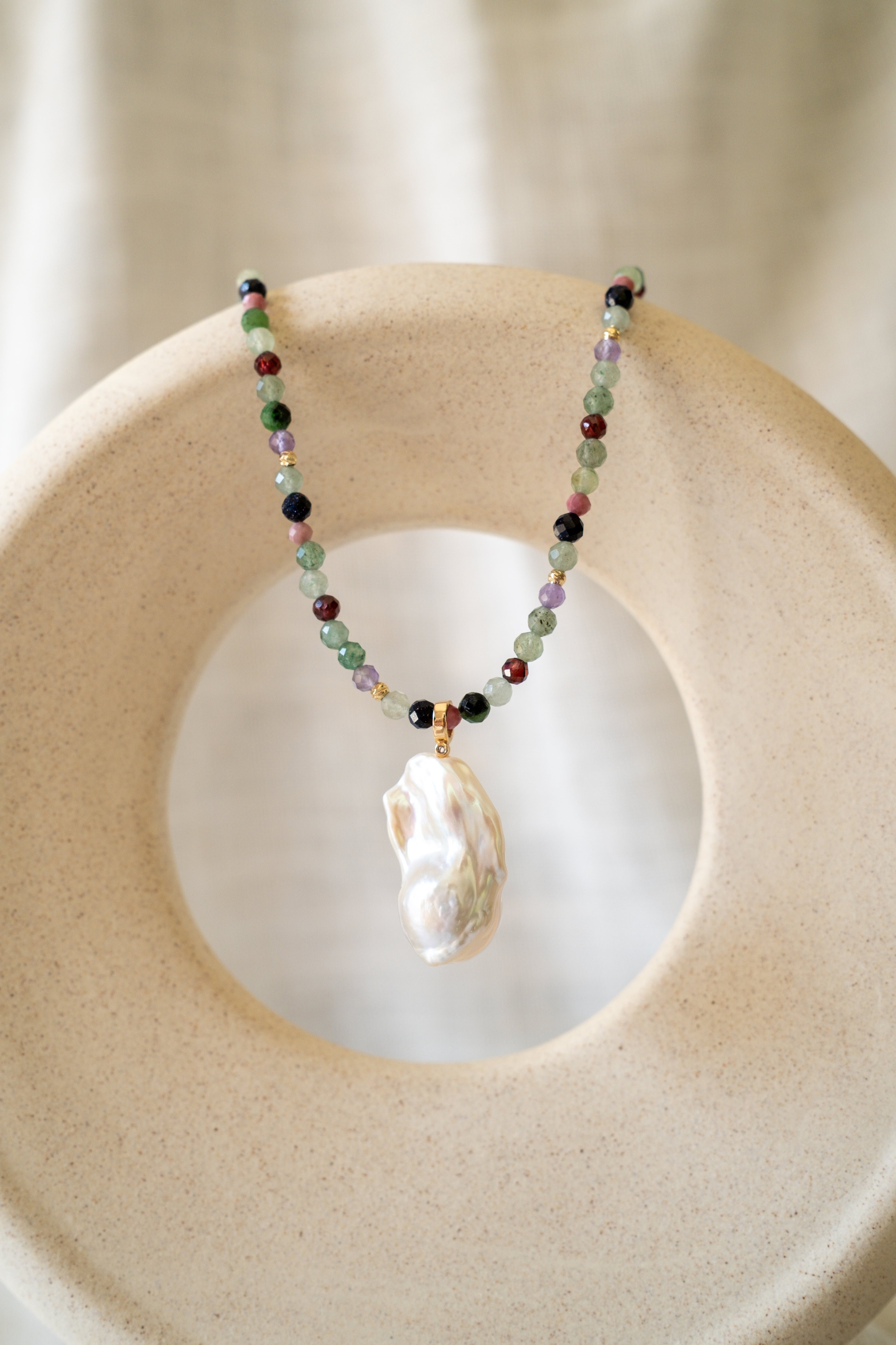 Multicolor Gemstones with Baroque Pearl Pendant Necklace