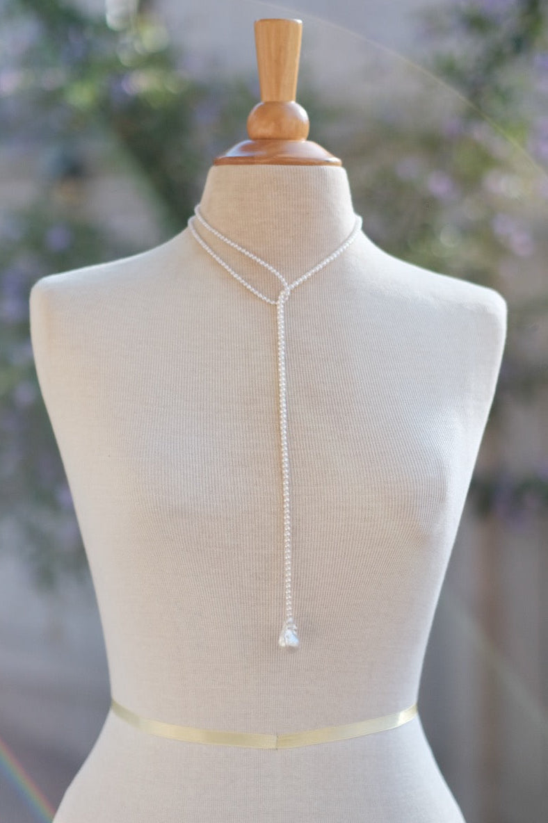 Asymmetrical Long Pearl Lariat Necklace
